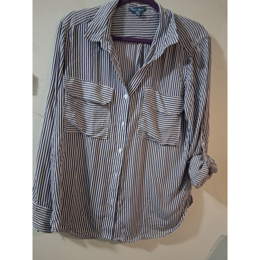 Fleur Bleue Womens Navy White Striped Button Down Shirt Roll Tab Sleeve Large